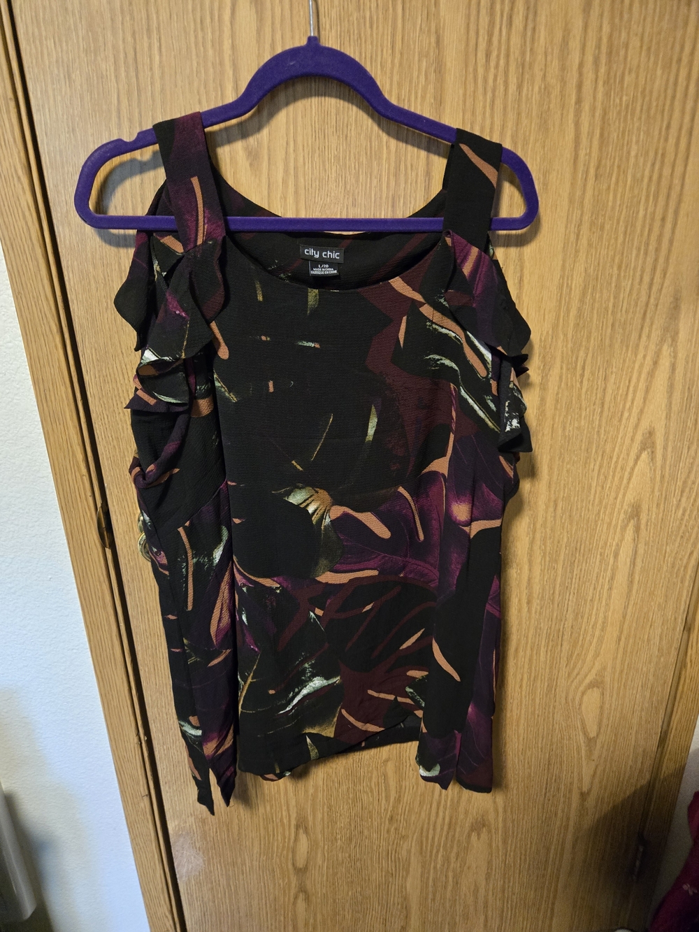 City Chic Black Cold-Shoulder Floral Ruffle Top with Purple and Brown Accents
